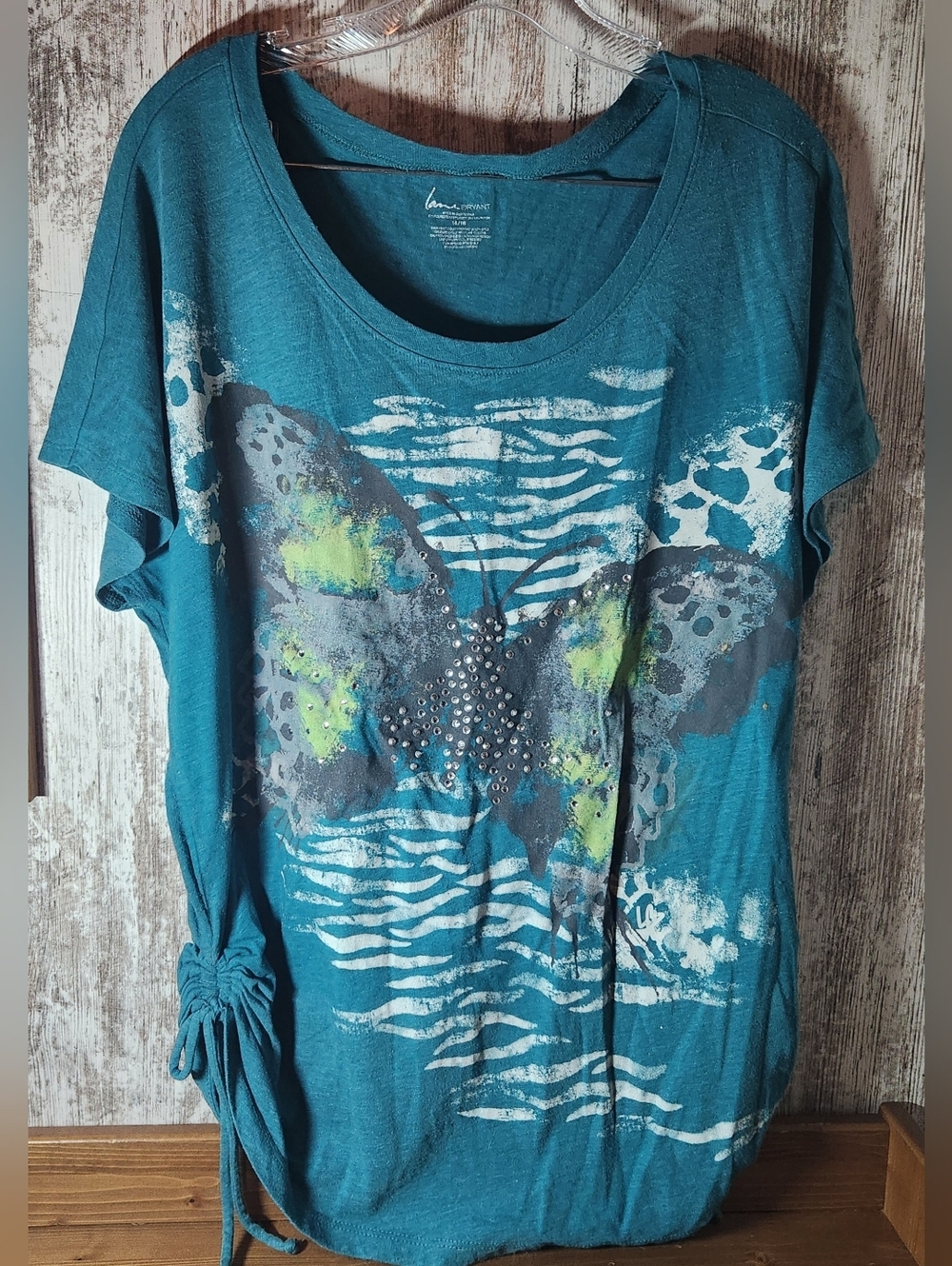 Lane Bryant Teal Short-Sleeve Butterfly Tee Lime and Stud Accents Size 14/16